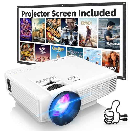 PANSEBA 1080P Mini Projector with Screen, Portable Home Theater Movie Projector with Two-Way Bluetooth, HDMI/USB Input for Smartphone/TV Stick, Ideal for Indoor & Outdoor Use, White