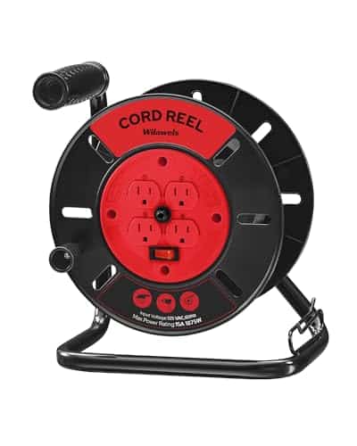 WILAWELS Extension Cord Storage Reel with 4-Grounded Outlets, 15A Circuit Breaker