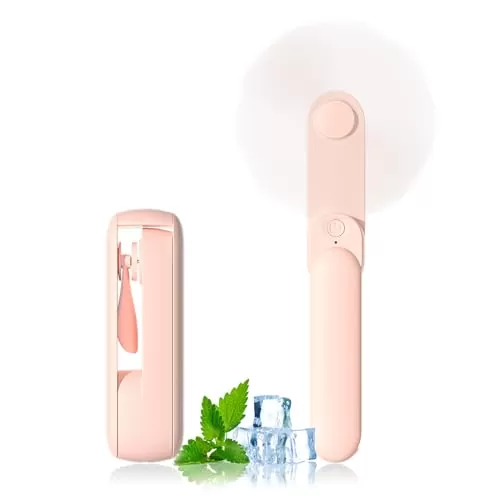 JSQBD Portable Handheld Fan, 2 IN 1 Mini Hand Fan, Battery Operated [8-15 Working Hours], USB Rechargeable Personal Foldable Fan for Indoor, Small Pocket Fans Travel Essentials for Outdoor (Pink)
