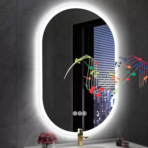 S'bagno 24x36 Oval LED Bathroom Mirror with Lights, Anti-Fog, Bluetooth Speaker, 3 Colors Temperature & Dimmable, Lighted Mirrors for Bathroom Wall with Memory Function, Waterproof, Shatter-Proof