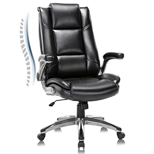 COLAMY Leather Executive Office Chair - High Back Home Computer Desk Chair with Padded Flip-up Arms, Adjustable Tilt Lock, Swivel Rolling Ergonomic Chair for Adult Working Study, Black