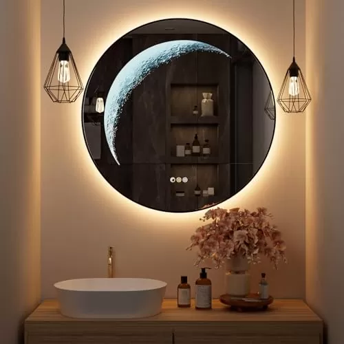 30'' Round Mirror, Black Circle Mirror with Backlit & Moonlit, Anti-Fog, Tempered Glass, Dimmable Wall-Mounted Vanity Mirror for Bathroom, Wall Decor, Entryway(UL ETL)