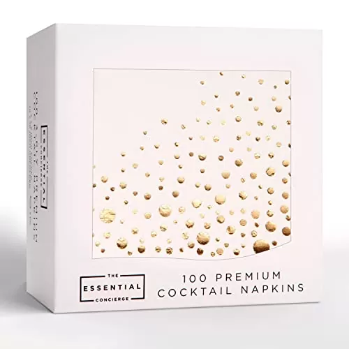 Stylish Gold Cocktail Napkins, 100 Disposable Party Napkins, Gold Dessert Napkins, 3-Ply, 5x5 Inch White and Gold Napkins, Disposable Wedding Cocktail Napkins, Party, Shower or Gold Beverage Napkins
