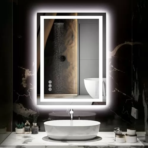 Hivone LED Bathroom Mirror with Lights 24x32 LED Mirror Tempered Glass Stepless Dimmable,Double Front and Backlight, Smart Mirror for Bathroom