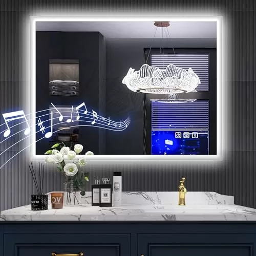 SBAGNO 32''x24'' LED Bathroom Mirror with Lights, Bathroom Vanity Wall Mirror with Bluetooth, Anti-Fog, Stepless Dimmable, 3 Colors, Tempered Glass Lighted Vanity Smart Mirror for Bathroom
