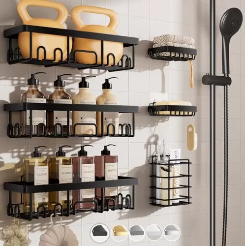 Veken Stainless Steel Shower Caddy 6-Pack, No Drilling Adhesive Rustproof Shelves Rack with Soap Holder, Large Capacity Bathroom Organizers and Storage, Wall-Mounted Kitchen & Home Decor, Bath Decor