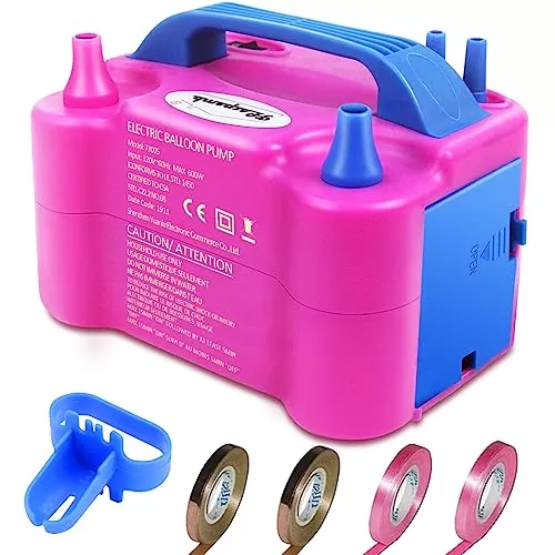 FLSEPAMB Balloon Pump, Electric Balloon Pump,Portable Dual Nozzles Electric Balloon Air Pump 110V 600W, Electric Balloon Inflator with Tying Tool, Colored Ribbons for Party Decoration