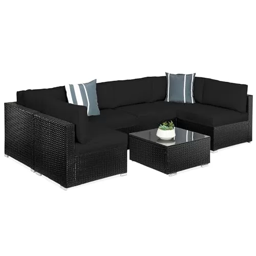 Best Choice Products 7-Piece Modular Outdoor Sectional Wicker Patio Conversation Set w/ 2 Pillows, Coffee Table, Cover Included - Black/Black