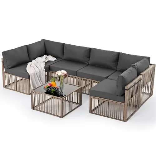 Pamapic 7 Pieces Outdoor Sectional, All-Weather PE Rattan Patio Furniture Set, Outdoor Furniture Set with Washable Cushions Covers, Brown Rattan, Gray Cushion