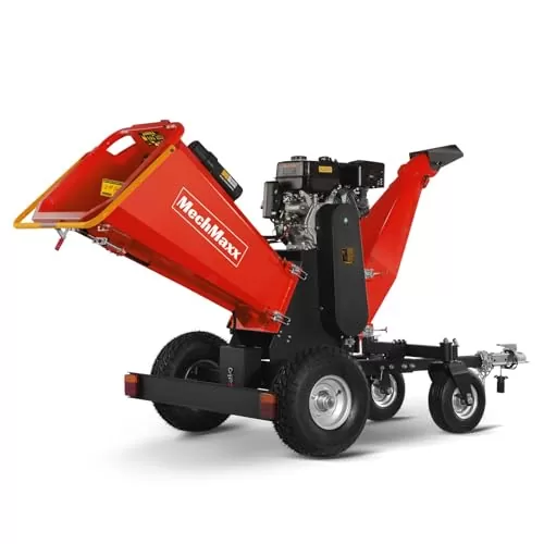 MechMaxx 6'' Inch 420cc 15hp E-Start Gas Powered 4-Wheels Wood Chipper Shredder Mulcher with Towbar/Tail Light/Emergency Stop Button/Stop Bar,Model B150 (Red)