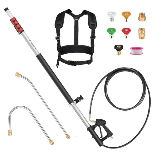 Pressure Washer Telescoping Wand - 24 FT High Pressure Washer Wand Included Power Washer Extension Wands, Gutter Cleaner, 5 Spray Nozzle Tips, 2 Hose Adapters and Support Belt