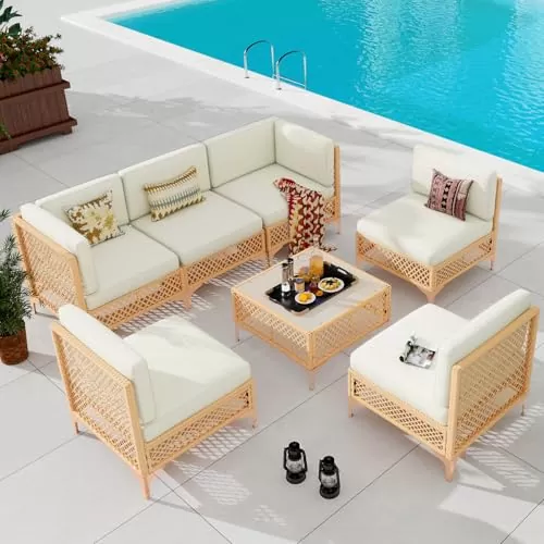 Vikiullf Outdoor Patio Furniture Set, PE Rattan Wicker Patio Conversation Sets, All Weather Sectional Sofa for Garden, Poolside, Backyard (7 Pieces Sectional)