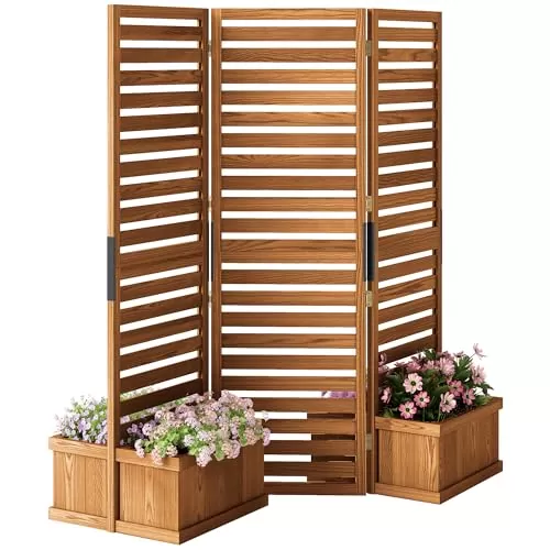 Outsunny Freestanding Outdoor Privacy Screen, 4 Self-Draining Planters/Raised Garden Beds, 3 Hinged Panels for Hot Tub, Patio, Backyard, Deck, Natural
