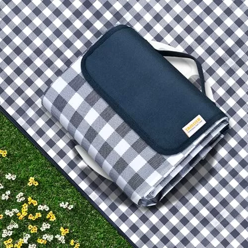 SAMSIER Outdoor Picnic Blankets Waterproof Foldable, Large Beach Blanket Sandproof, Gingham Picnic Mat Cute Washable Portable (Navy Blue, 60